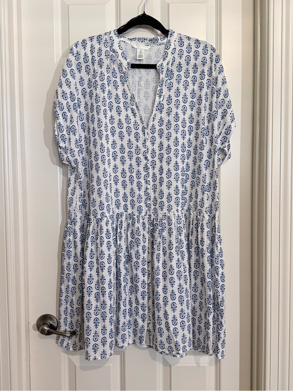 H&M 100% Viscose White Dress with Blue Floral Print